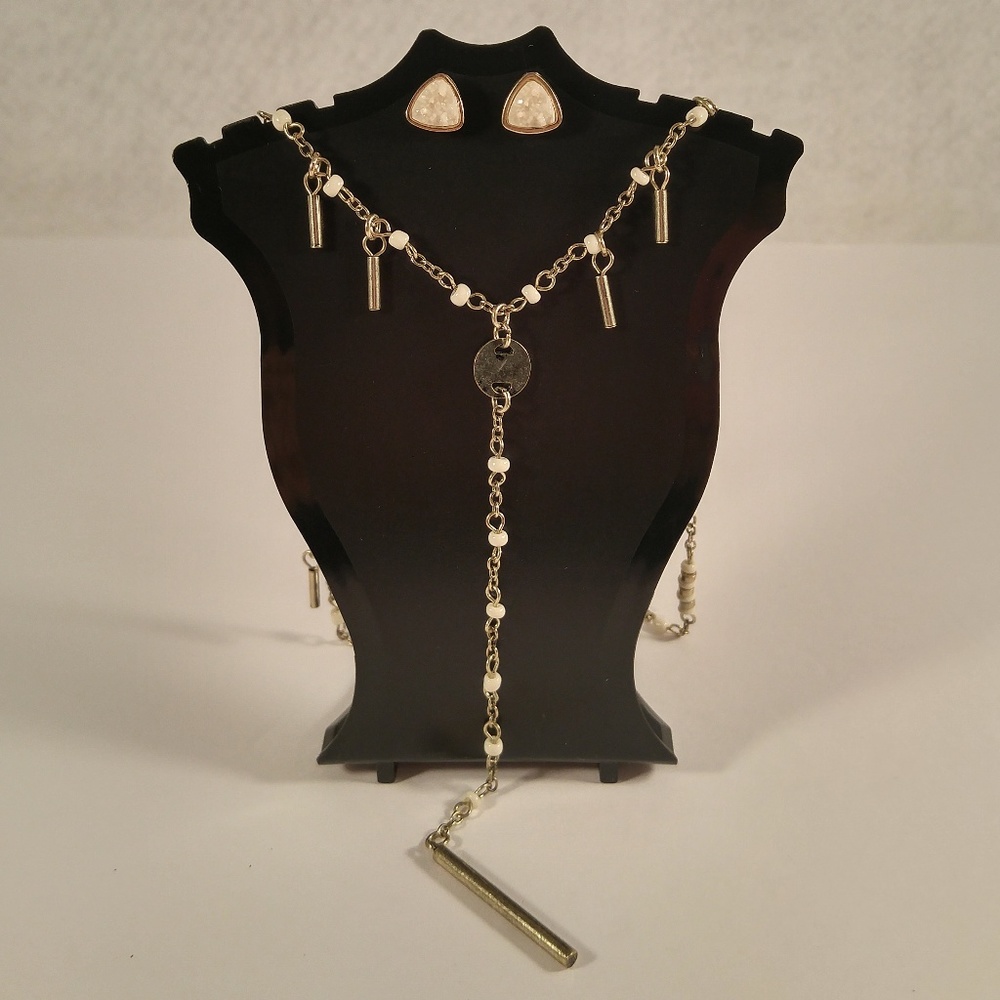 Necklace earring set gold bar beaded Y white druzy